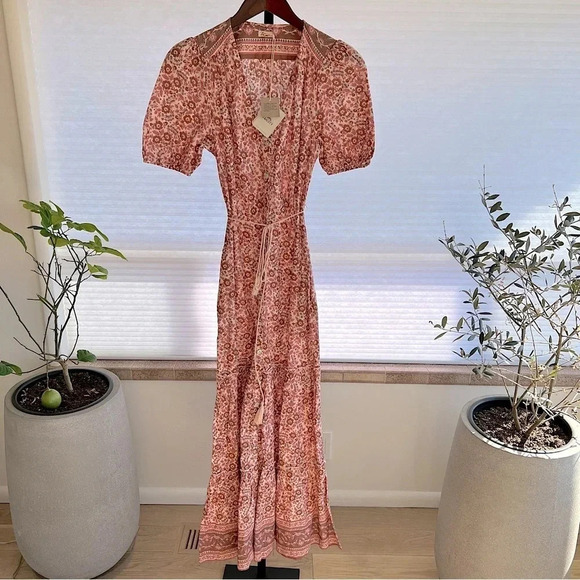 Faherty Orinda Earth Block Floral Print Tiered Maxi Dress Brown Pink Cream NWT - Picture 3 of 10
